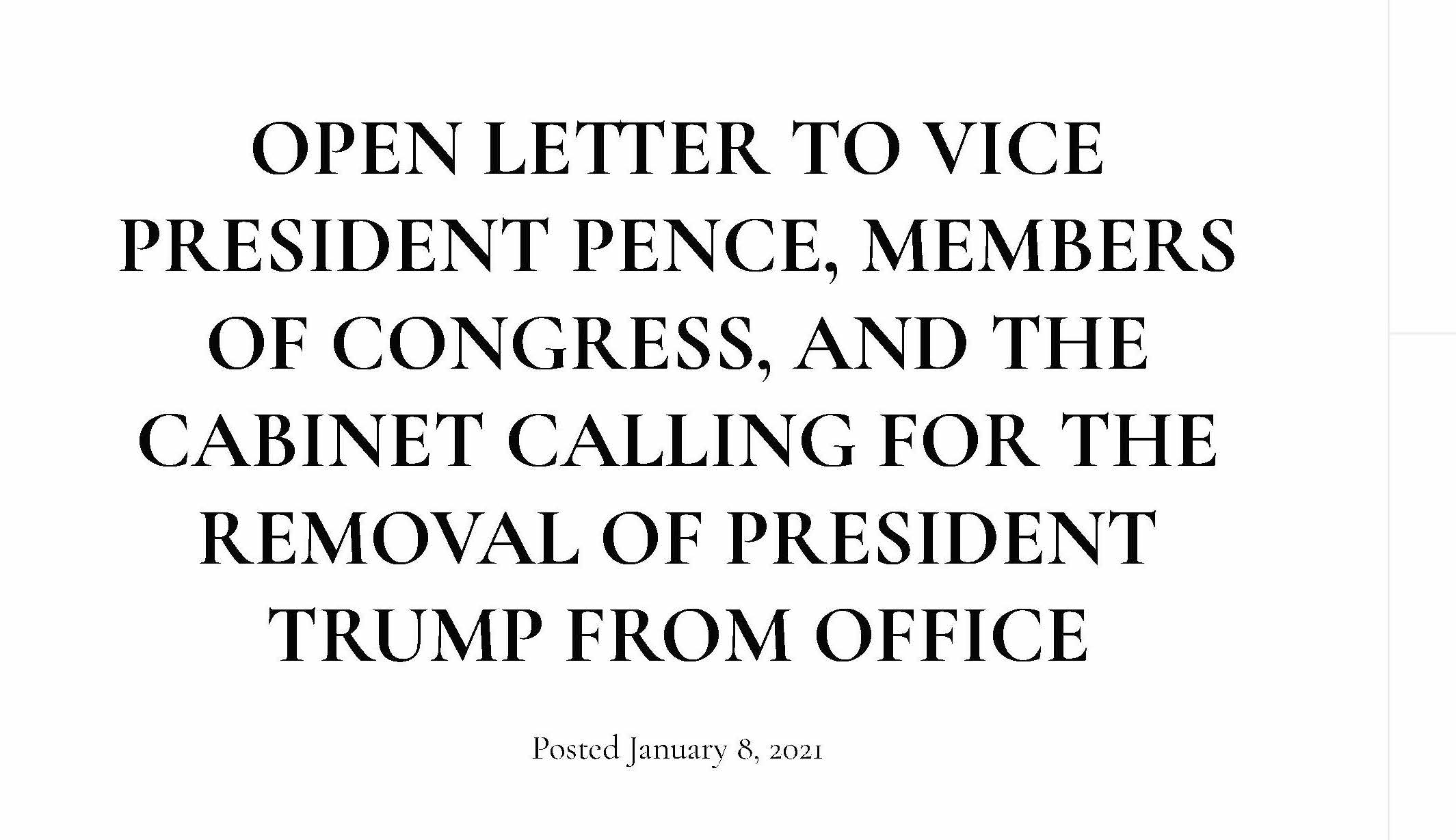 OPEN LETTER TO VICE PRESIDENT PENCE, MEMBERS OF CONGRESS, AND THE CABINET CALLING FOR THE REMOVAL OF